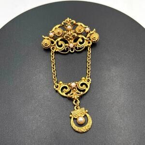 Florenza Signed Designer Mogul Gold Tone Faux‎ Pearl Dangle Chain Brooch